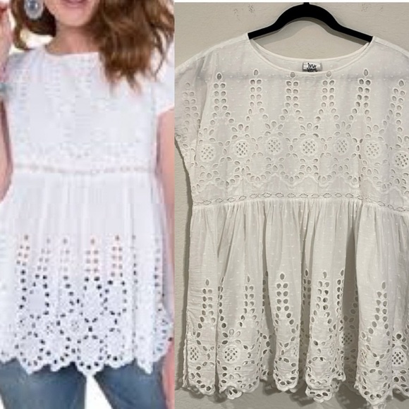 Ivy Jane Anthropologie Women LRG Babydoll Tunic White 100% Cotton Floral Eyelet - Picture 1 of 14